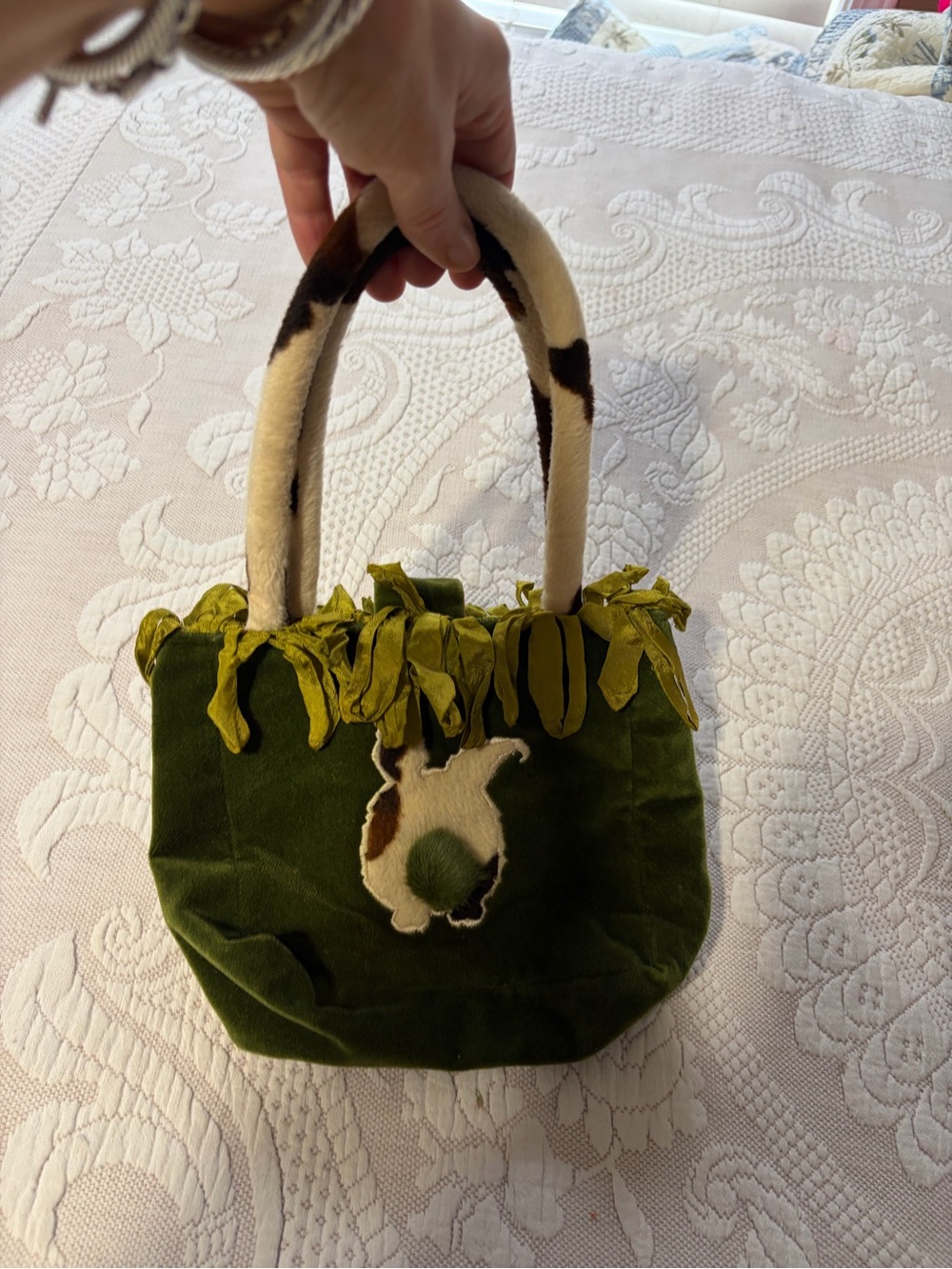 Discontinued Susie Stern "Cowbunnies" Green Velvet Bunny Appliqué Tote Bag EUC - Picture 3 of 9